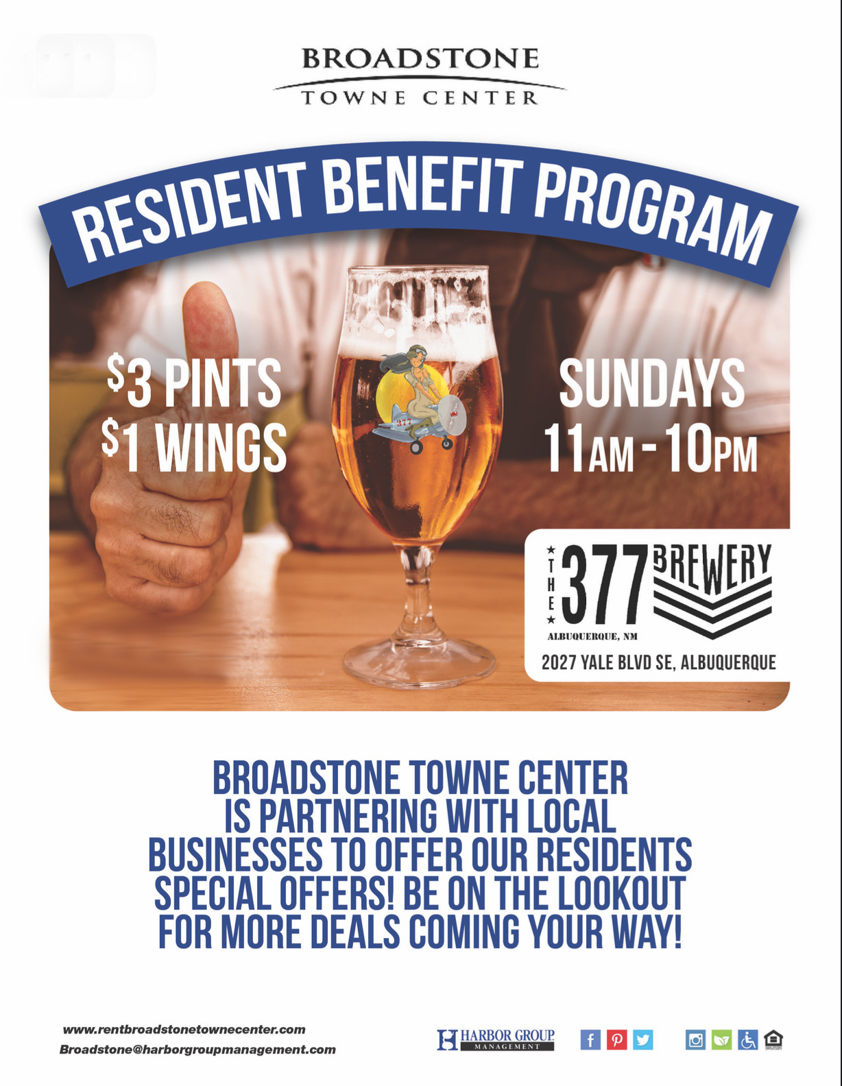 Residents of Broadstone Towne Center Apartments join us today for $3 Pints & $1 Wing…